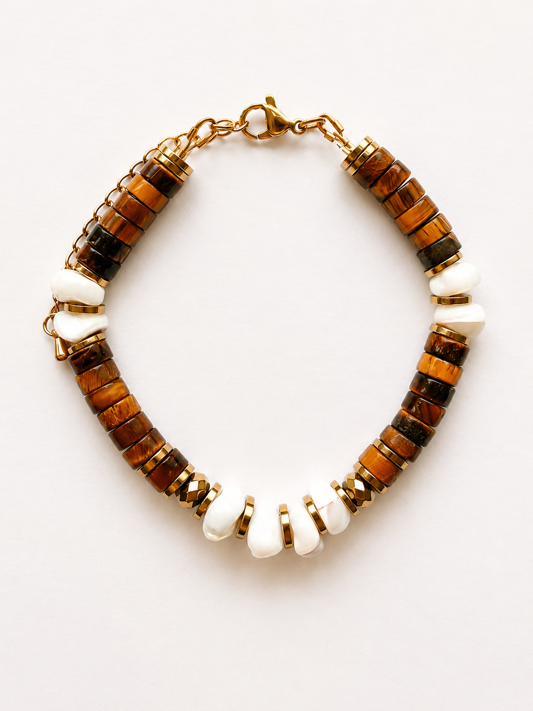 Bracelet Sienna – Œil de tigre, nacre & hématite dorée