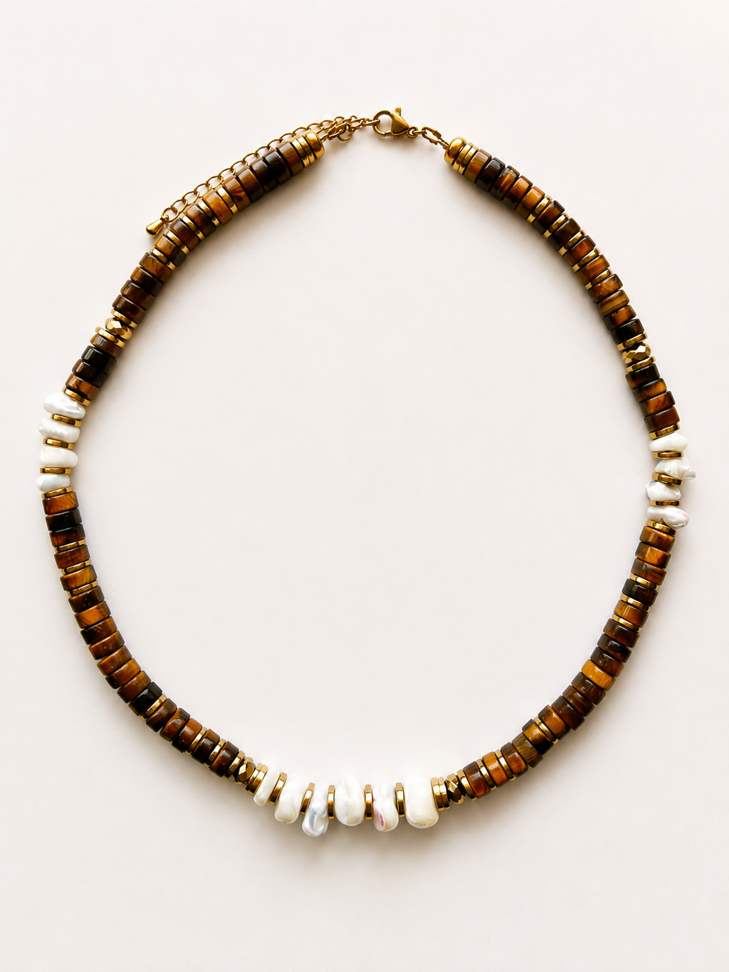 Collier Sienna – Œil de tigre, nacre & hématite dorée