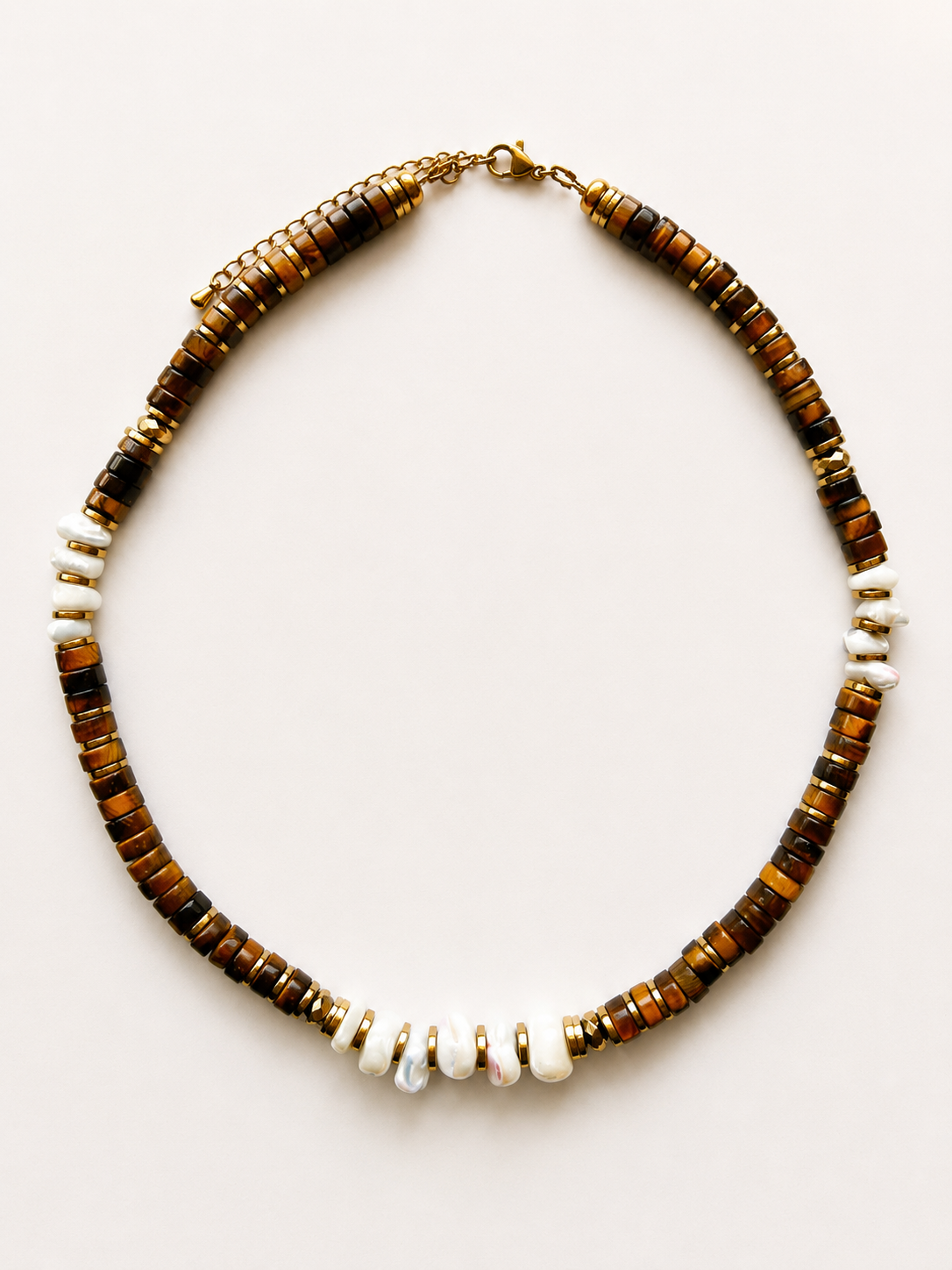 Collier Sienna – Œil de tigre, nacre & hématite dorée
