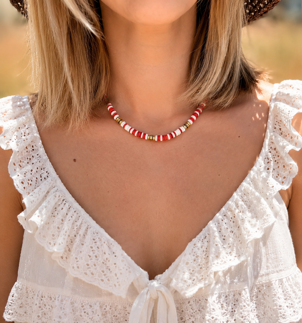 collier NÉRIA - coquillage corail rouge & coquillage blanc & hématite dorée