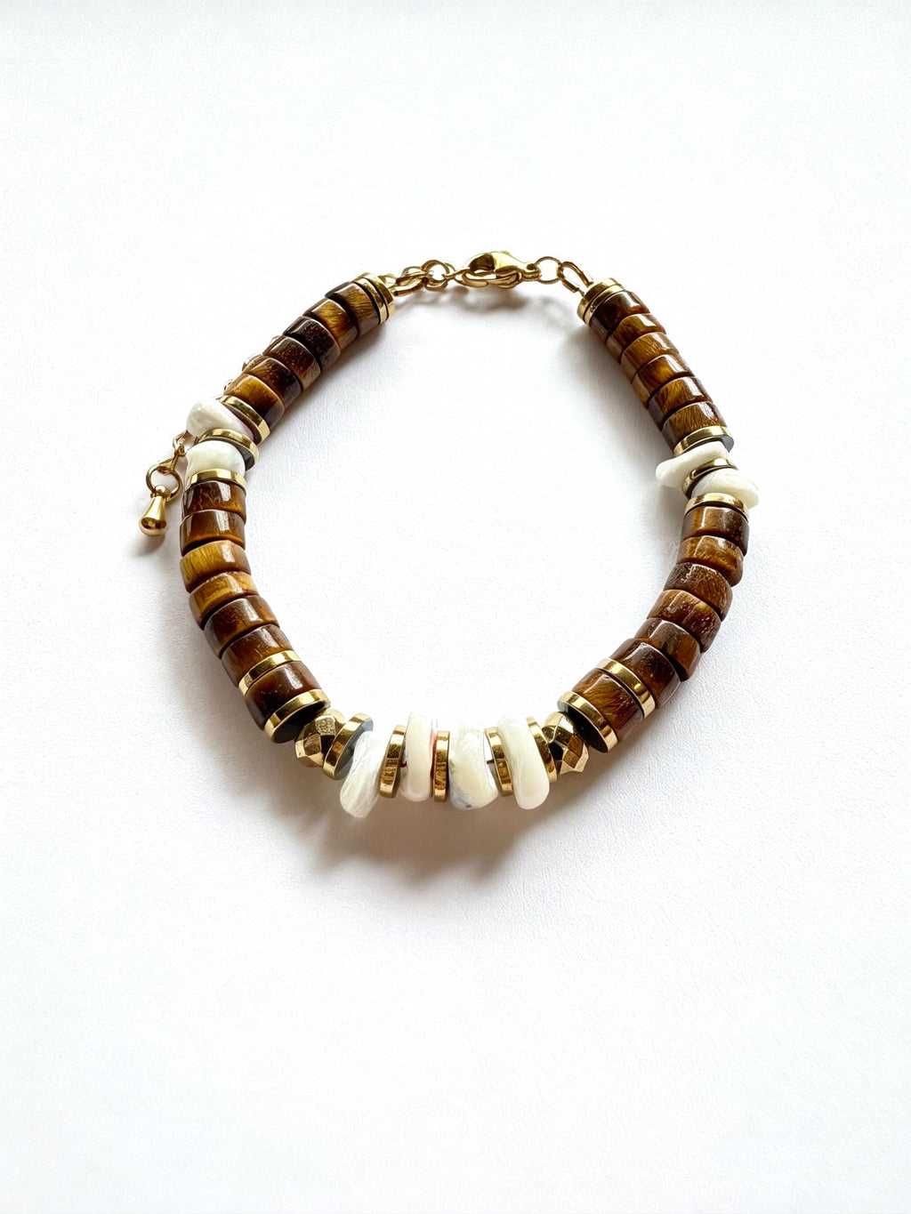 Bracelet Sienna – Œil de tigre, nacre & hématite dorée