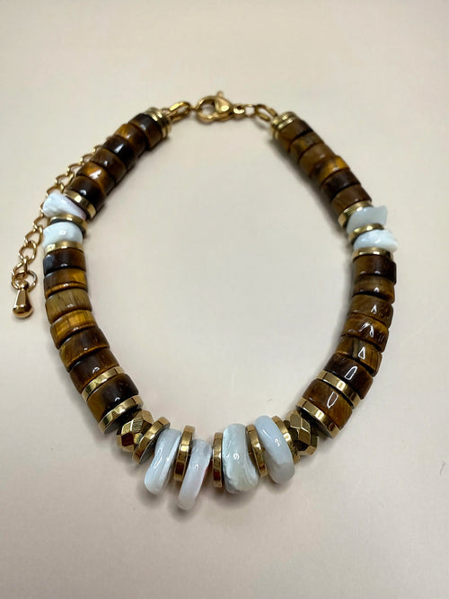 Bracelet Sienna – Œil de tigre, nacre & hématite dorée