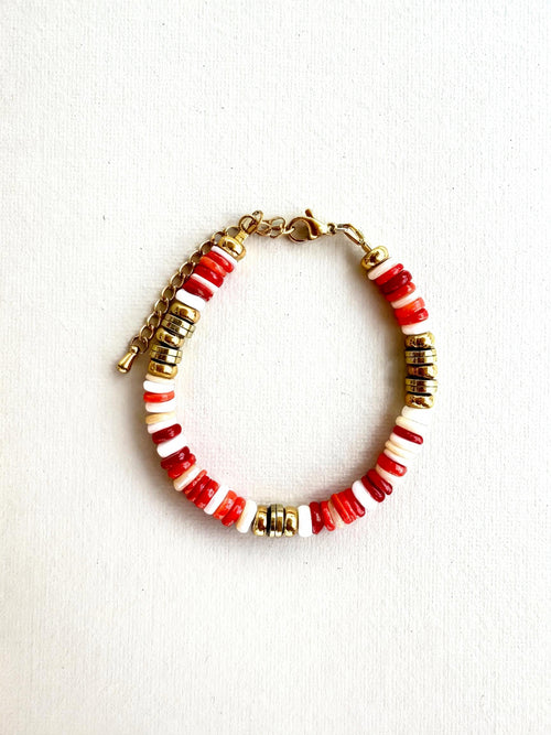 Bracelet NÉRIA - coquillage corail rouge & coquillage blanc & hématite dorée